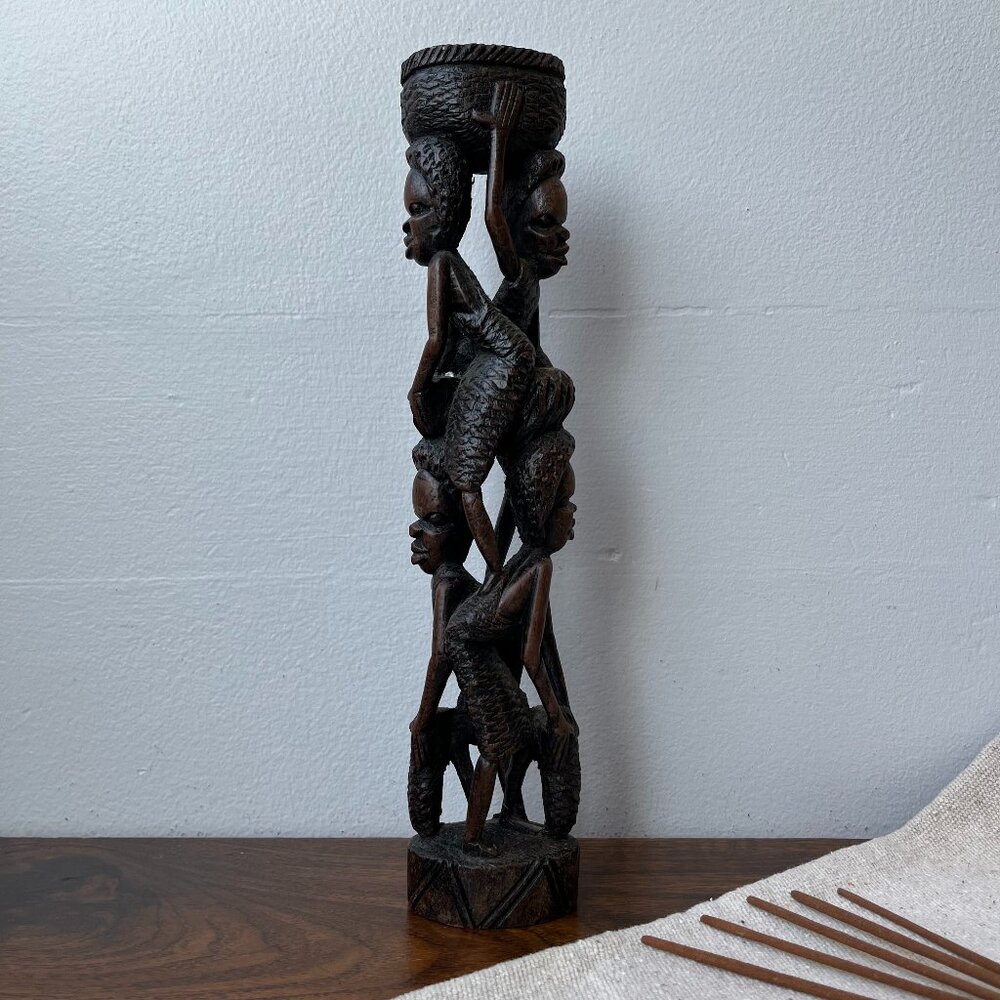 Hand Carved Wooden African Figurine Sculpture 4 Women 12" Tall
